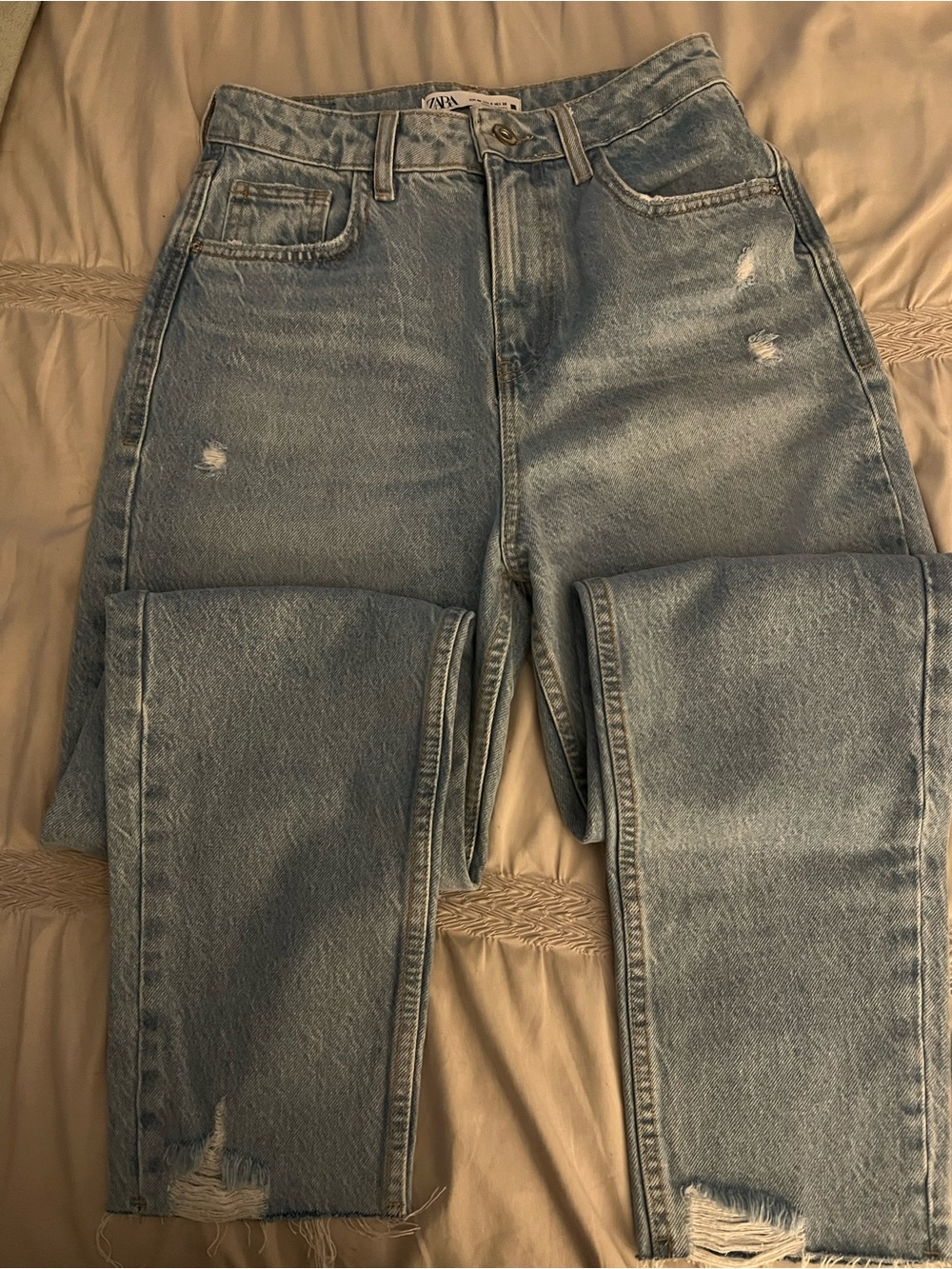 Zara Light Blue Distressed Straight-Leg Jeans